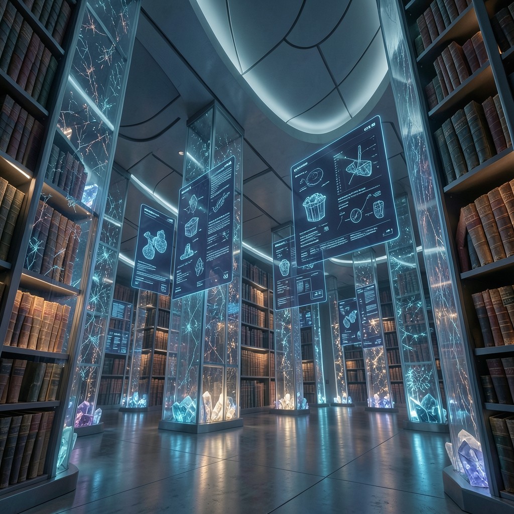 Futuristic educational library archive with illuminated transparent document pillars