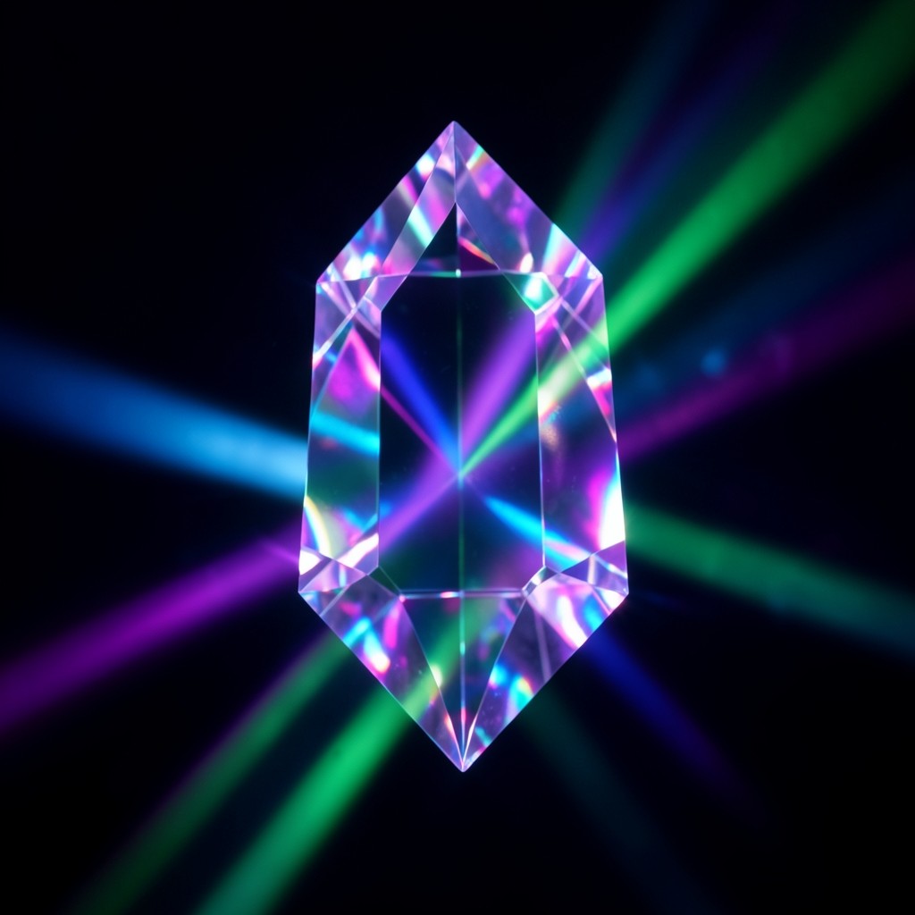 Glowing digital crystal prism refracting radiant beams