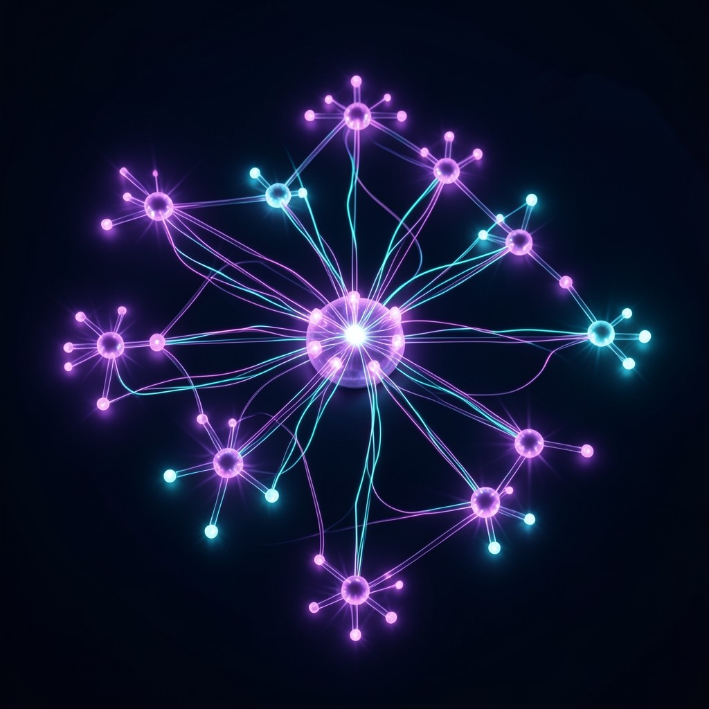 Futuristic abstract digital network visualization with radiant purple and cyan node clusters