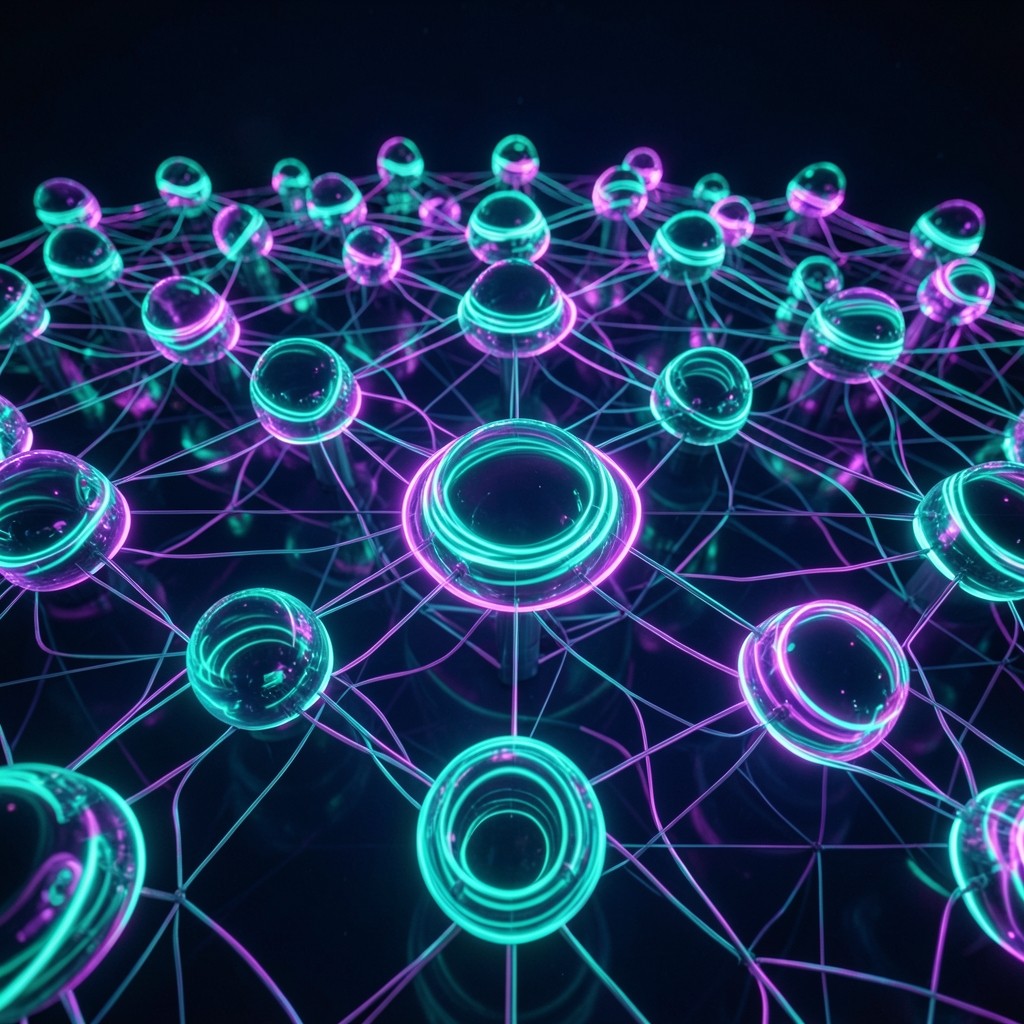 Decentralized validator network cluster with interconnected glowing spheres