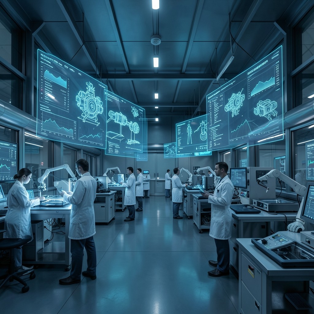 Futuristic technical research laboratory with floating holographic blueprints